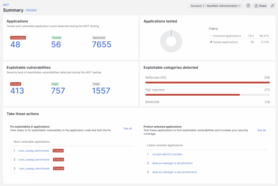 Vista de resumen de New Relic IAST